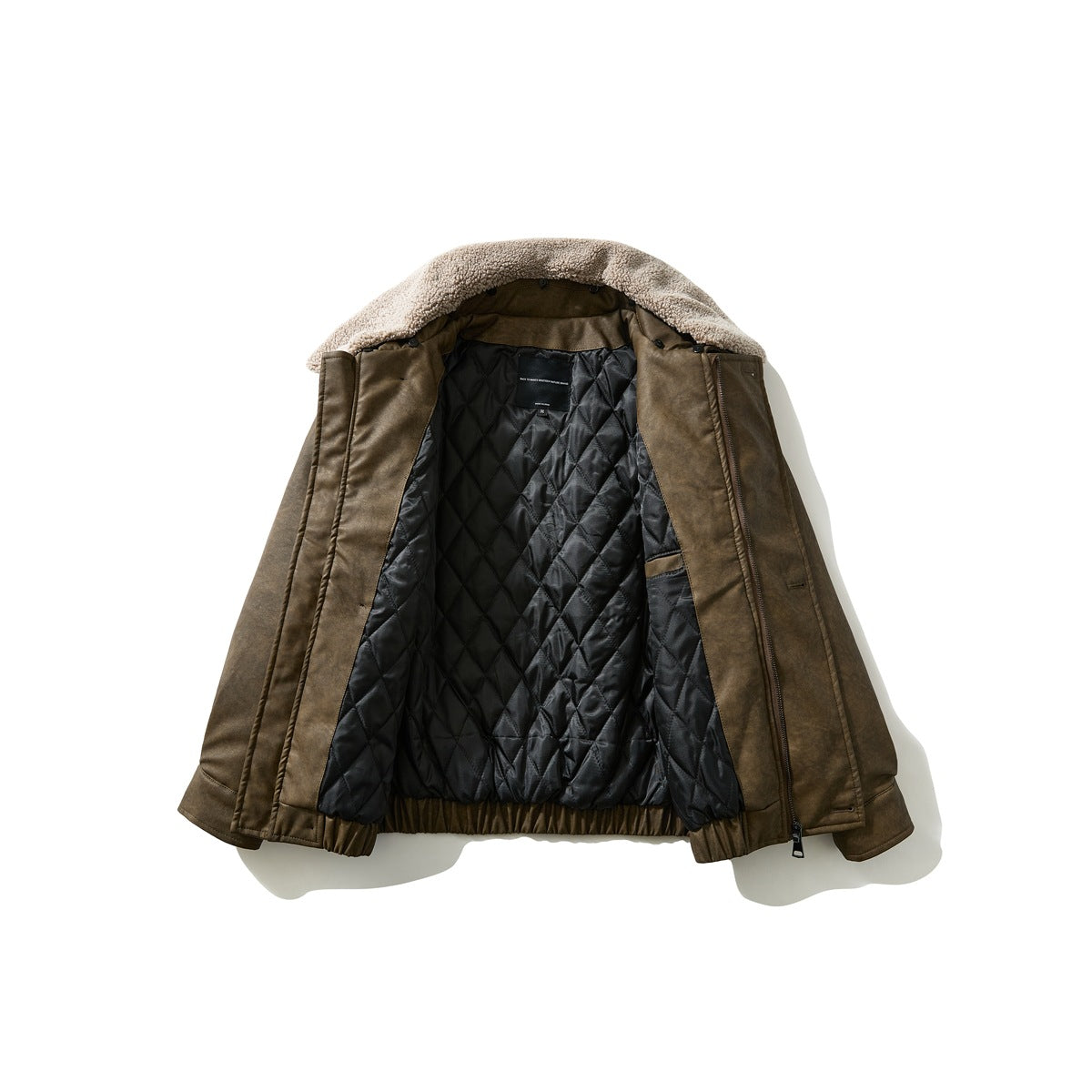 Brown jacket opened flat to show its black diamond-quilted lining and beige fleece collar.
