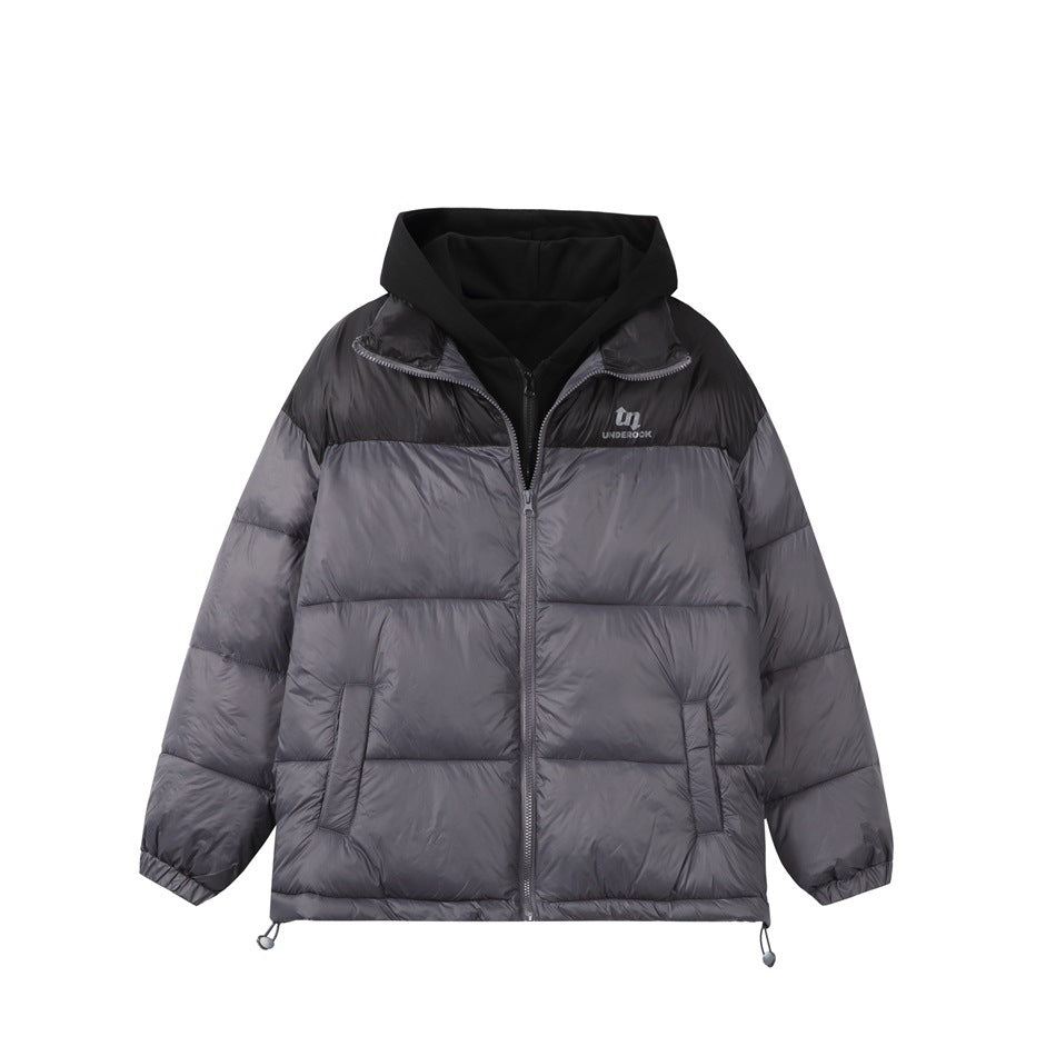 Gray puffer jacket with black shoulder yoke, black fleece-like hood and front zipper, flat front view