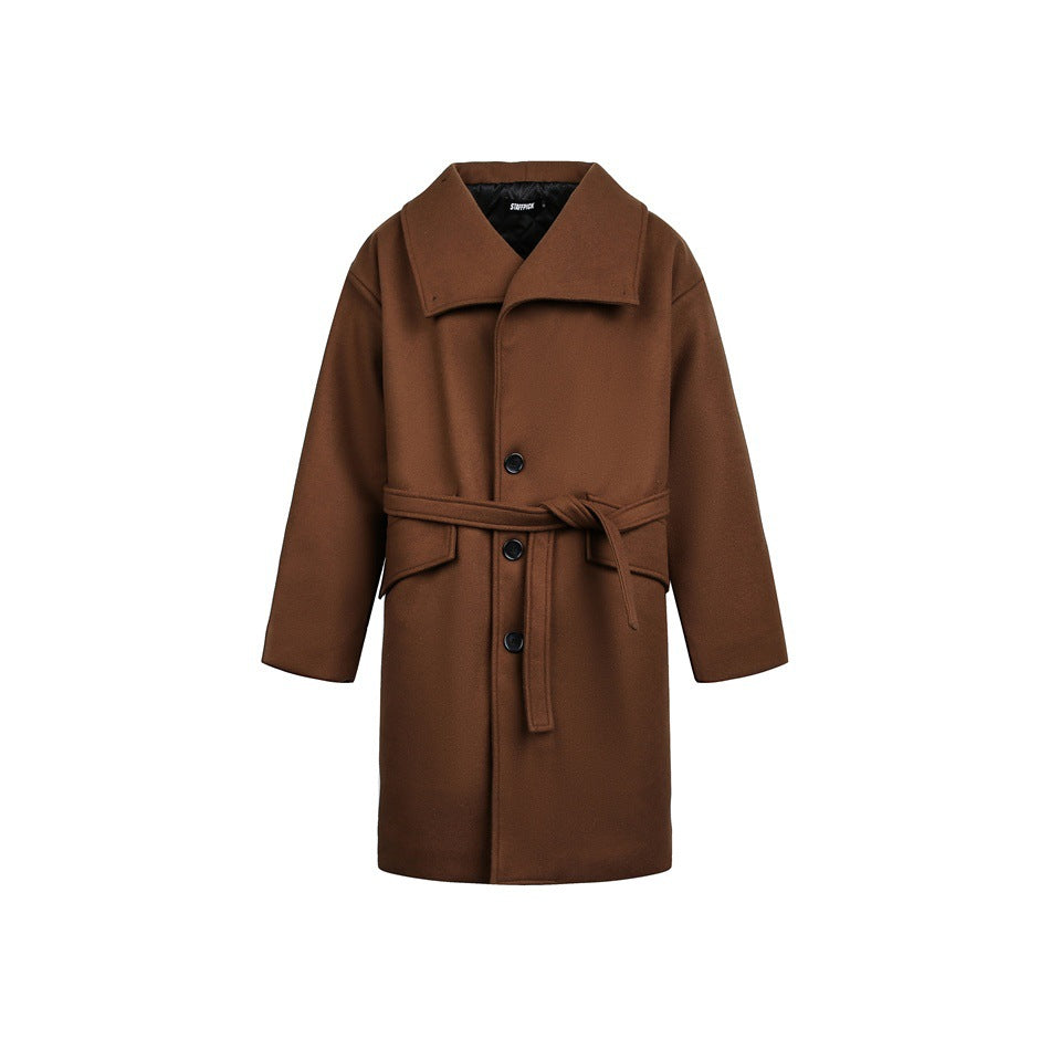 Brown mid-length belted coat with wide collar, black buttons and tie belt, flat front view