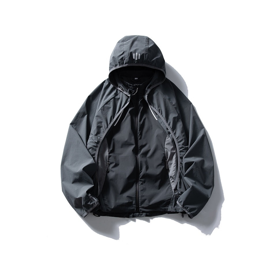 Gray hooded zip jacket flat lay with layered sleeve panels, contrast side panels and zip pockets