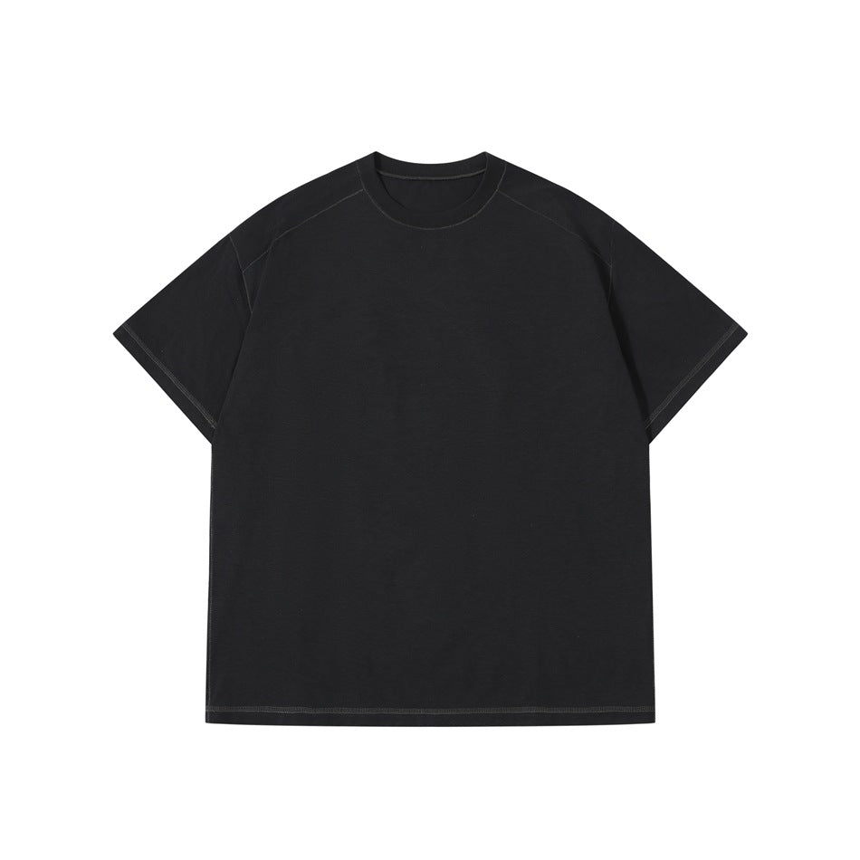 Black short-sleeve crew-neck T-shirt flat lay with subtle contrast topstitching