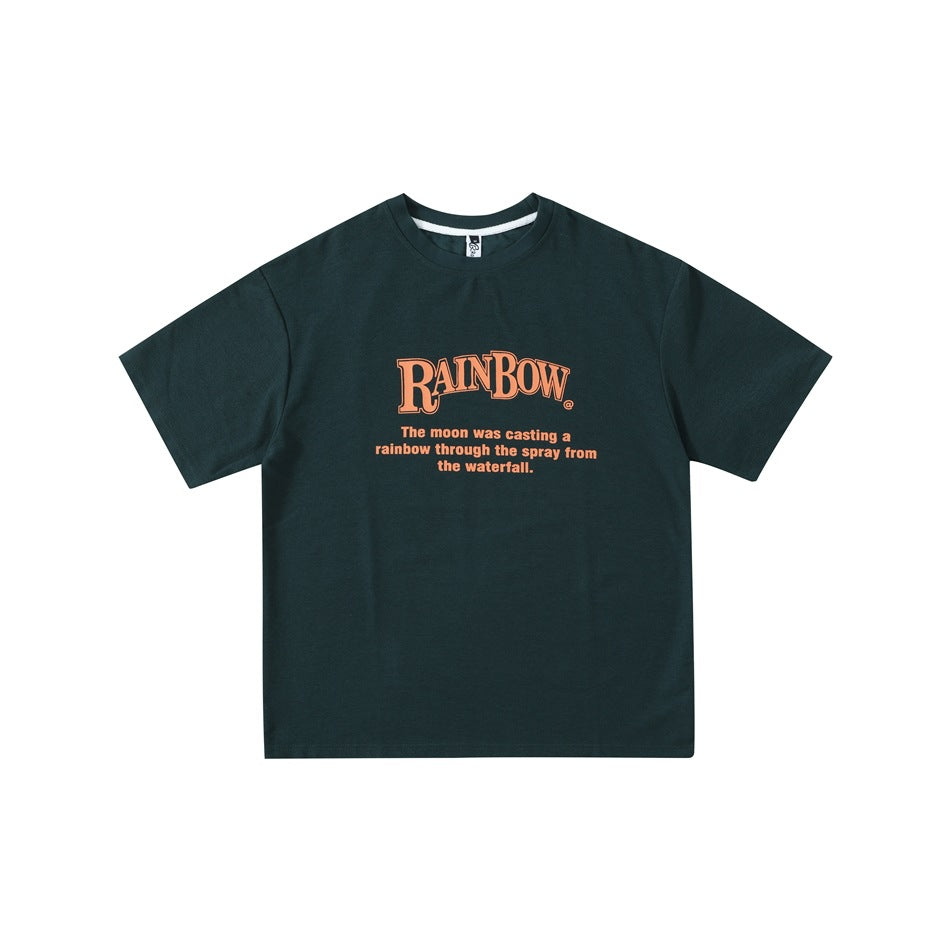 Dark green short-sleeve crew-neck T-shirt with orange RAINBOW chest print and slogan text, flat front view