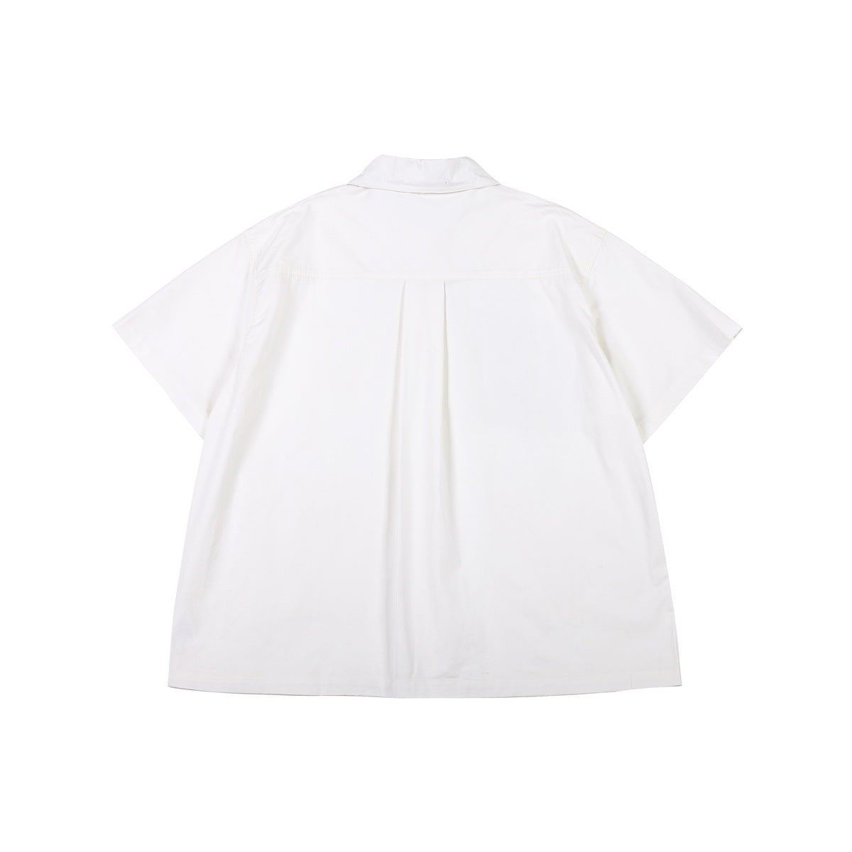 Back view of an ivory short-sleeve collared shirt with a center pleat.