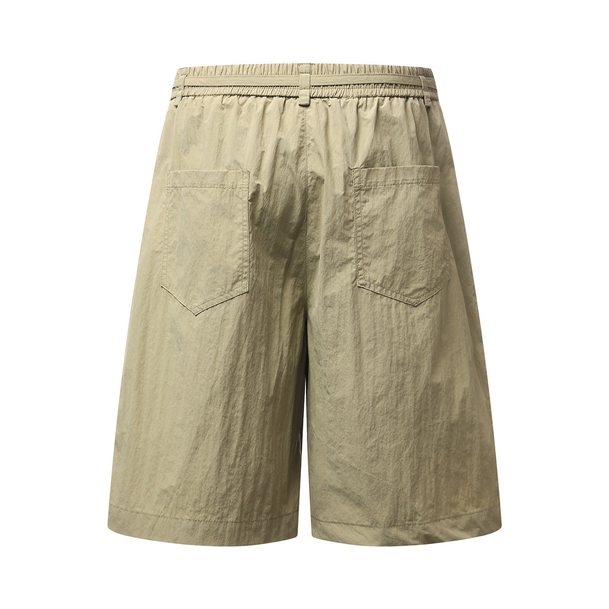 Back view of khaki wide-leg shorts with an elastic waistband, belt loops, and two patch pockets.