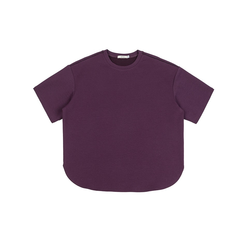 Purple short-sleeve crew neck T-shirt flat lay with curved hem and dark stitching along the shoulders