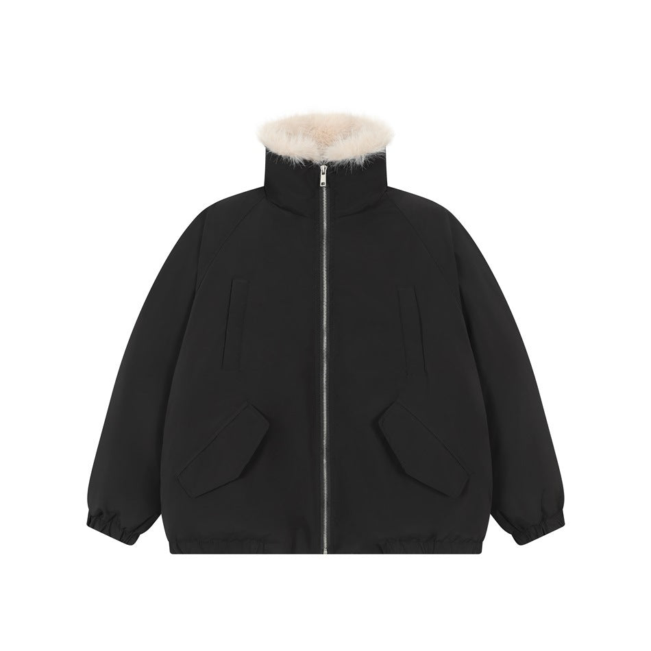 Black zip-front jacket with stand collar, cream fleece-like collar lining, flap pockets and elastic cuffs, front view
