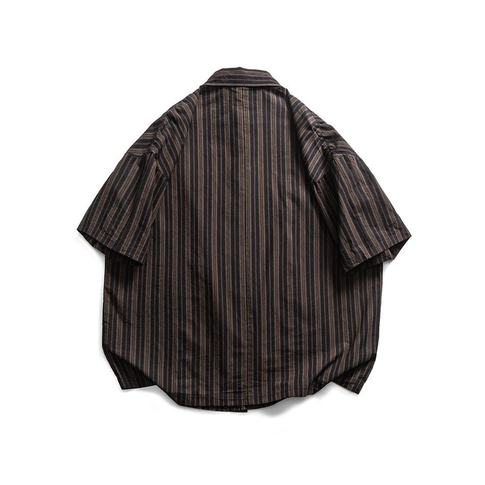 Back view of a dark brown and black vertically striped short-sleeve shirt on a white background.