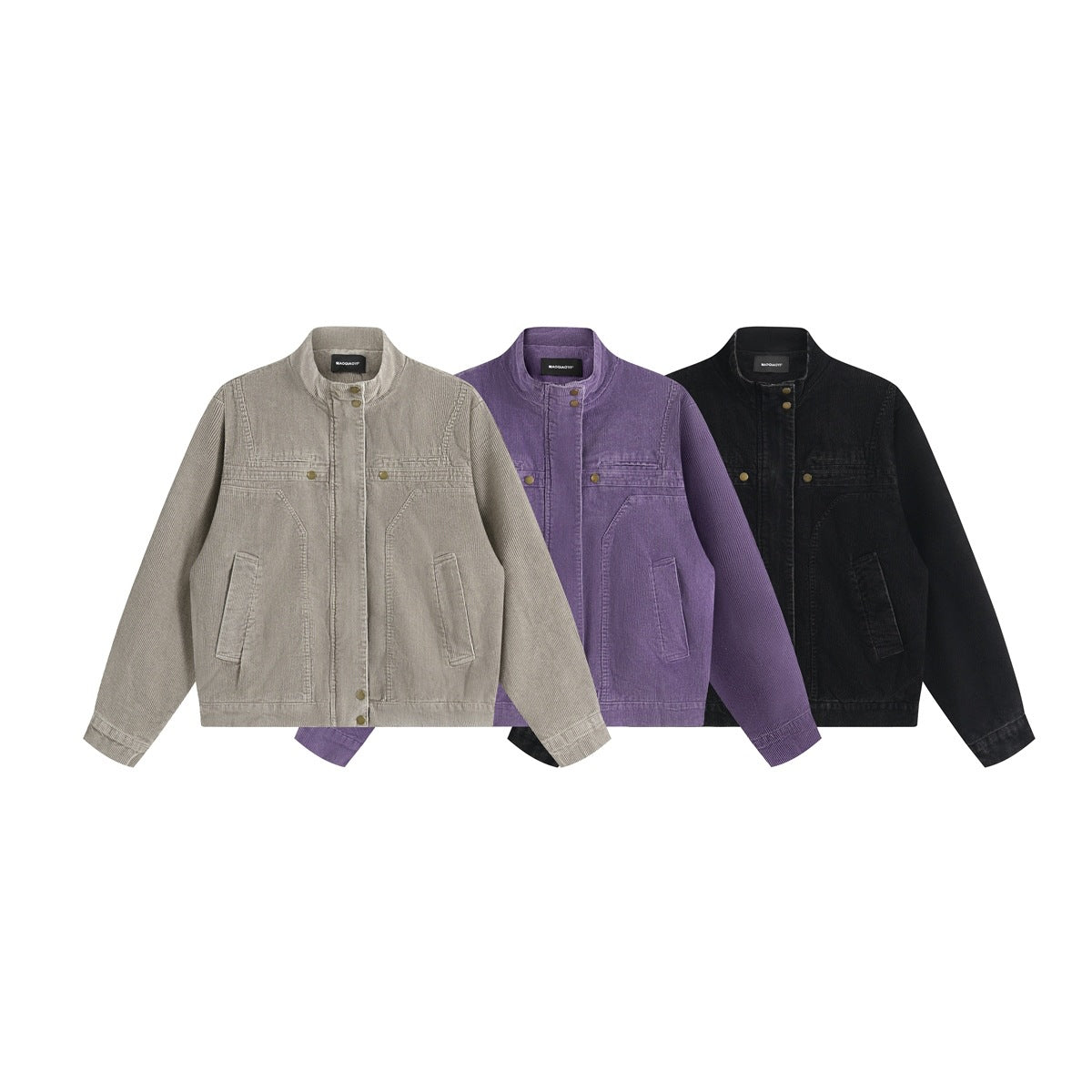 Three front views of a snap-front jacket in taupe, purple, and black, with stand collars and pockets.