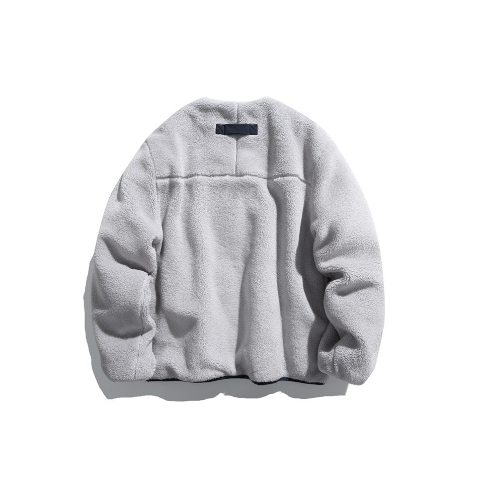 Back view of a light gray fleece zip jacket laid flat on a white background.