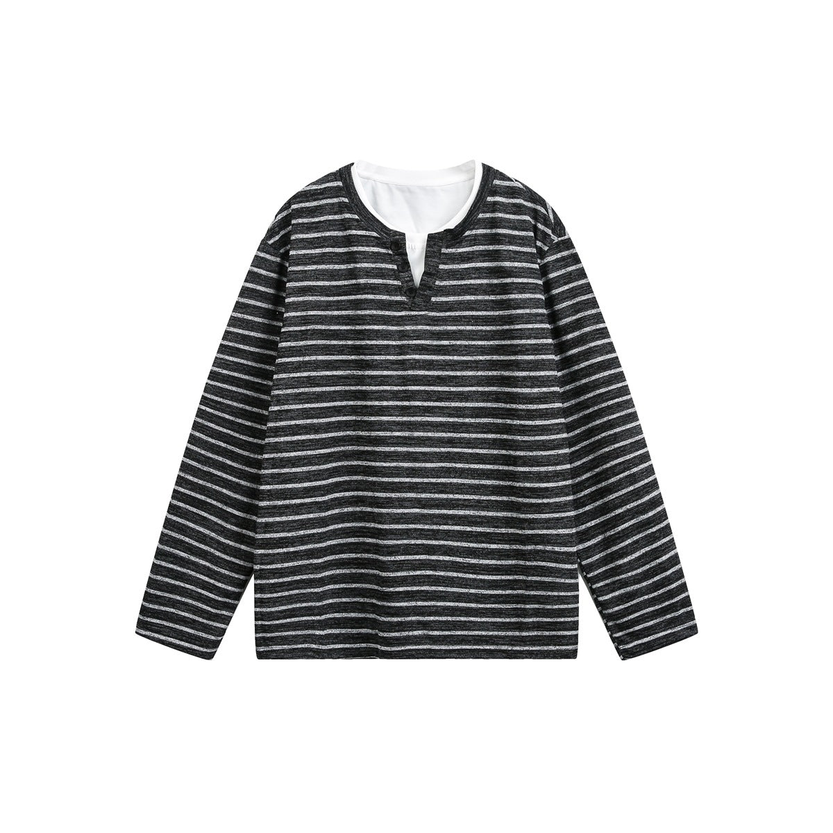 Black long-sleeve top with light gray horizontal stripes, three-button Henley placket and white inner neckline layer, flat