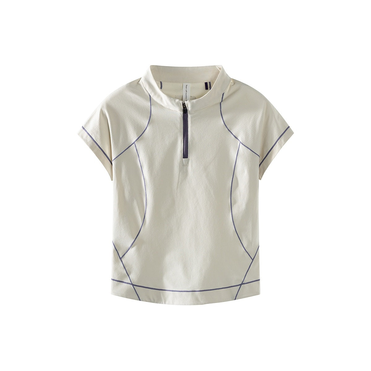 Off-white half-zip short-sleeve top with purple contrast topstitching and zipper tape, flat front view