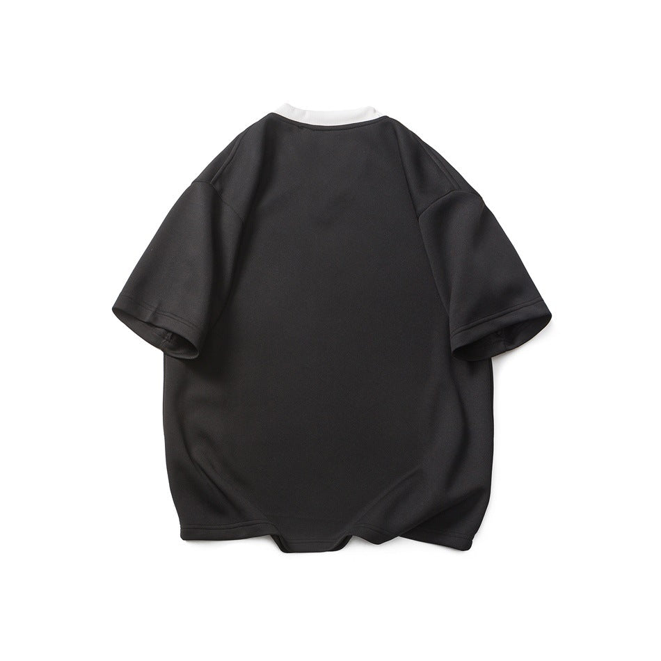 Back view of black short-sleeve tee with white ribbed collar and plain back
