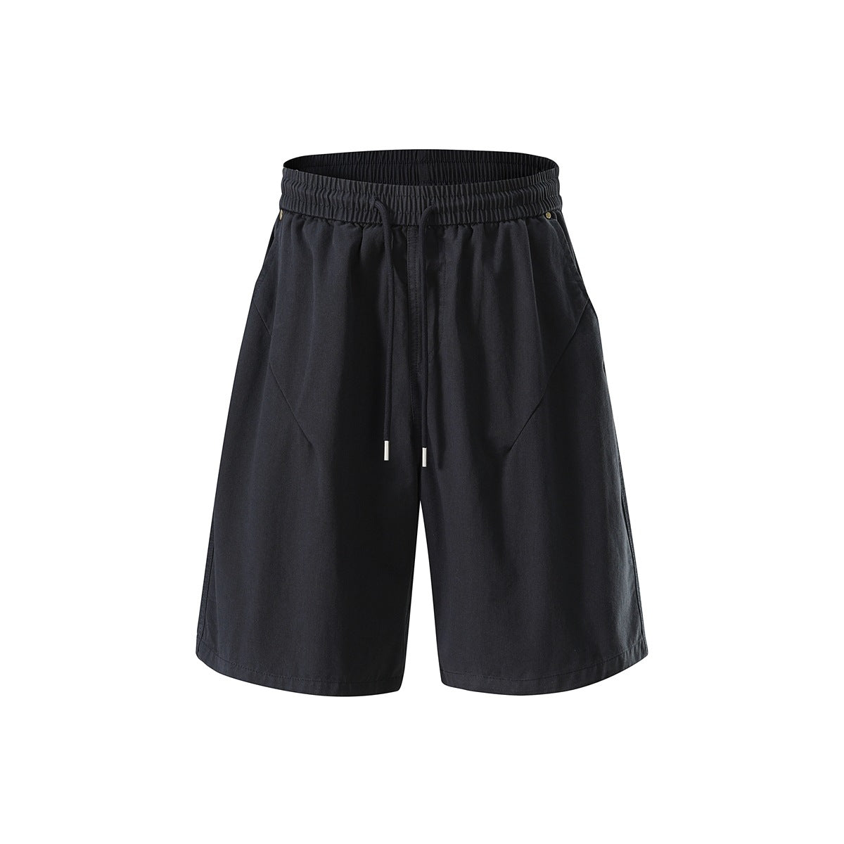 Navy knee-length wide-leg shorts with elastic drawstring waistband, front view on plain background