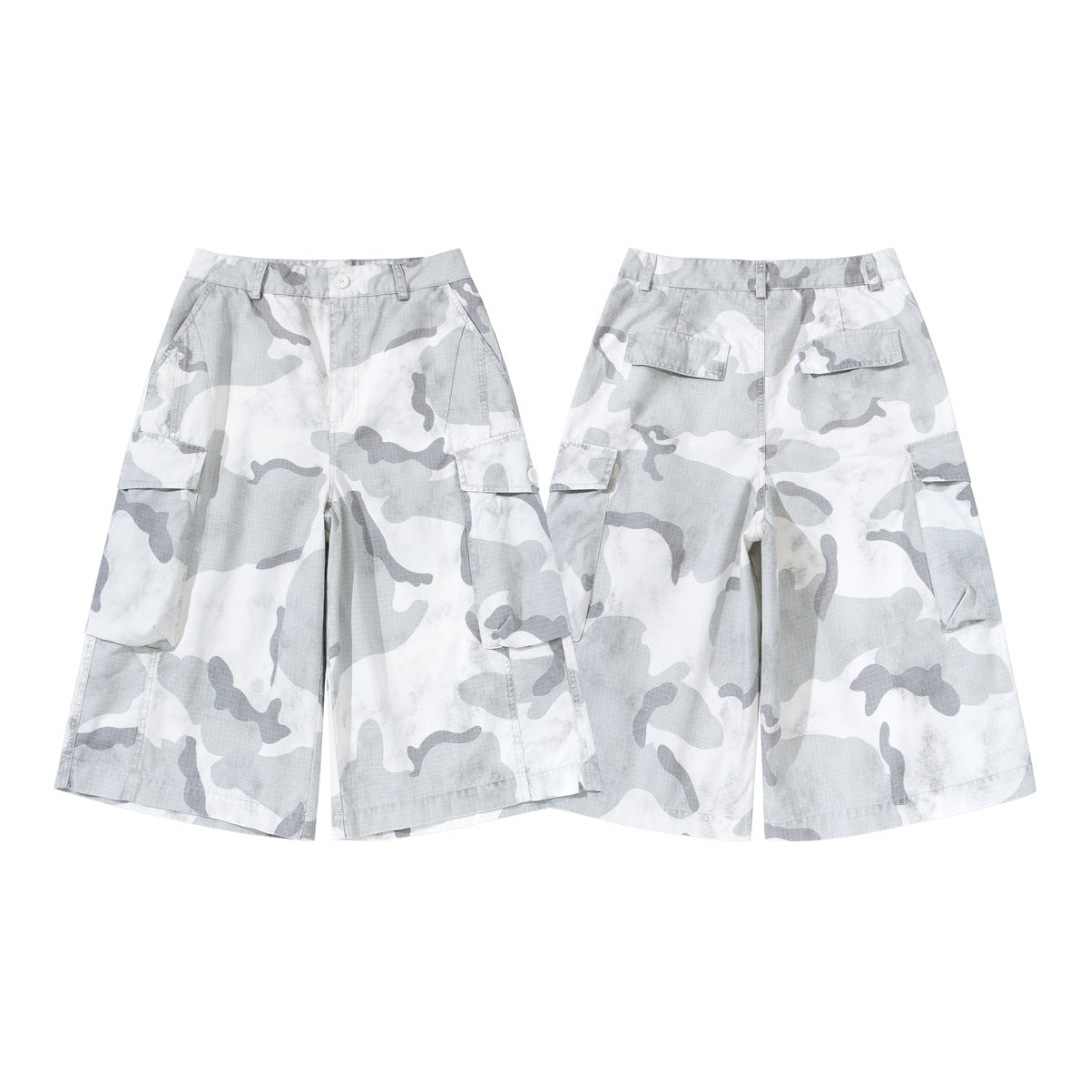 Gray and white camouflage cargo shorts shown from the front and back, with wide legs and flap pockets.