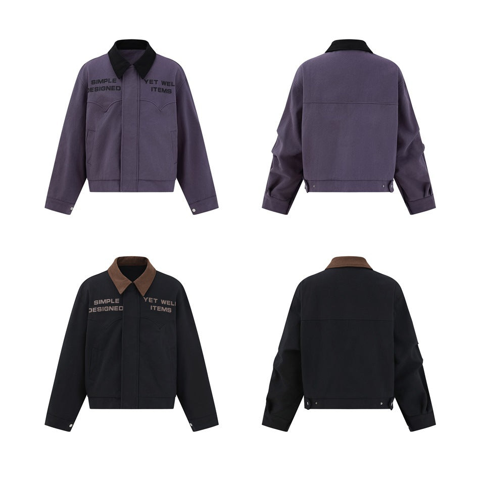 Front and back views of purple and black collared jackets showing chest text, back yoke seam and snap hem tabs