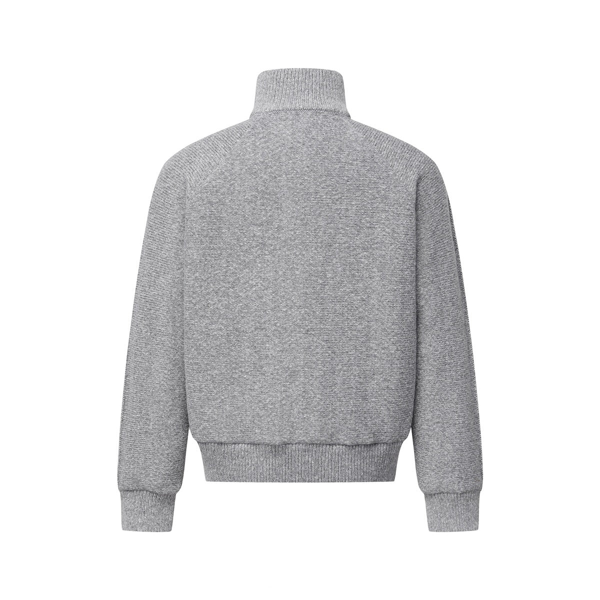 Back view of a gray knit zip-up jacket with a stand collar, raglan sleeves, and ribbed cuffs and hem.