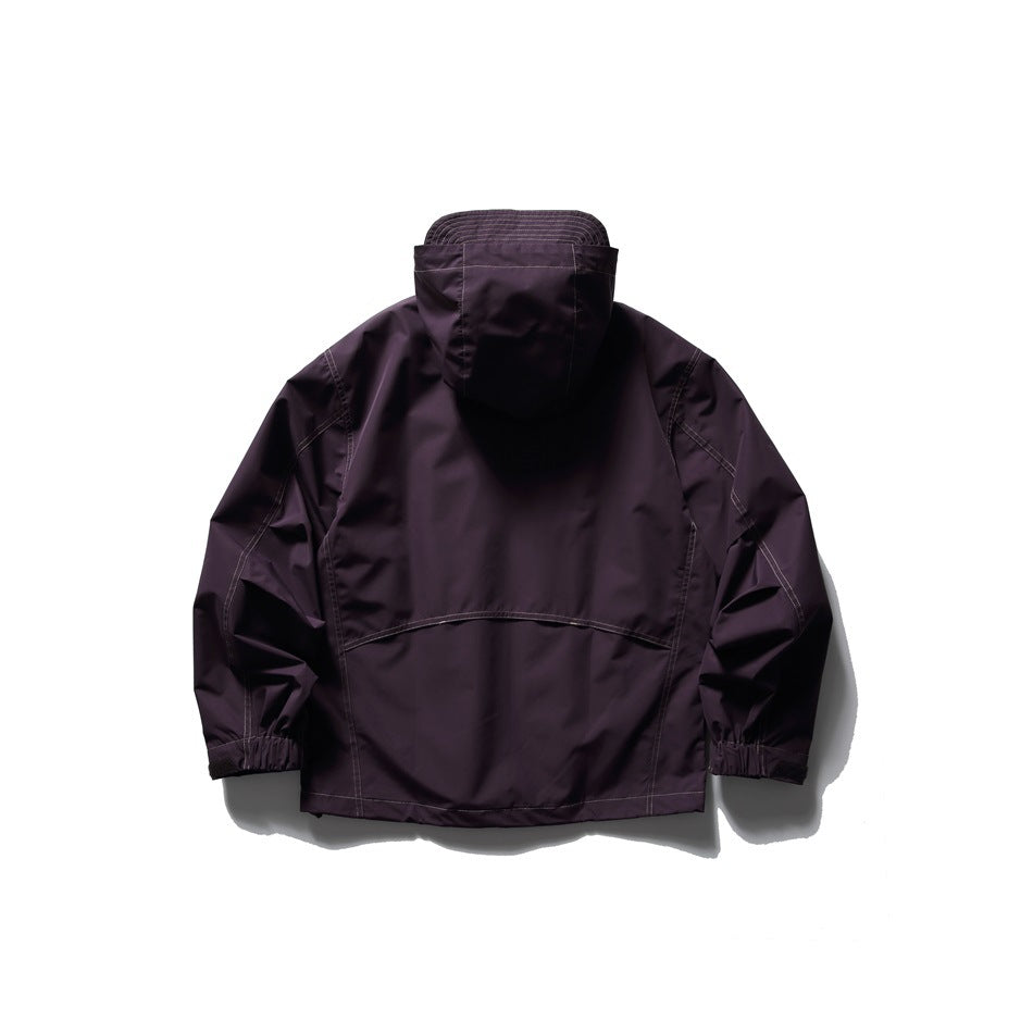 Back view of a dark plum hooded jacket with curved panel seams and gathered cuffs.