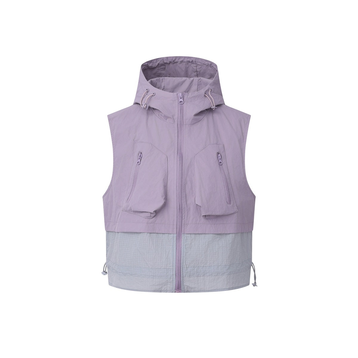 Purple and gray color-block sleeveless hooded zip vest with two zip chest flap pockets, flat front view