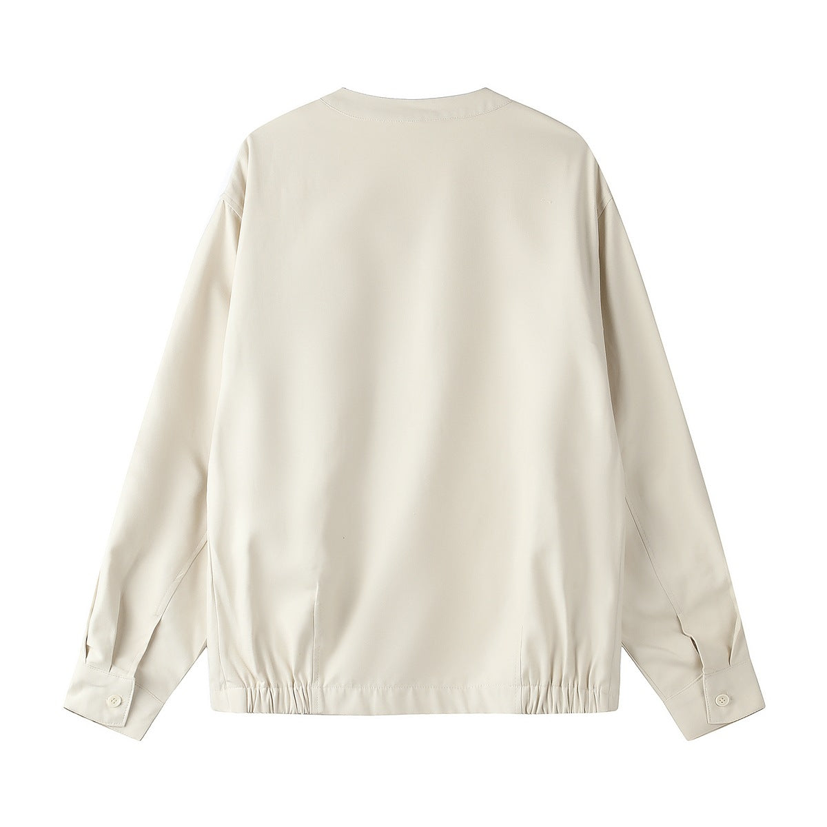 Back view of an off-white long-sleeve shirt with a gathered hem and button cuffs, shown flat on white.