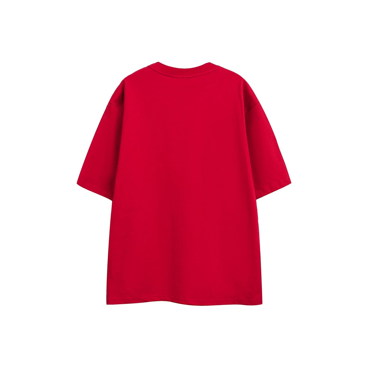 Back view of a plain red oversized short-sleeve T-shirt with a crew neck.