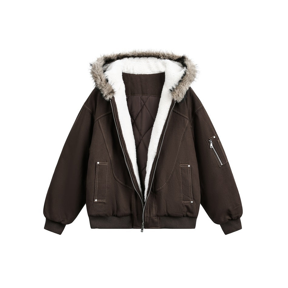 Front view of an open dark brown hooded jacket with white lining, brown fur trim and zip pockets.