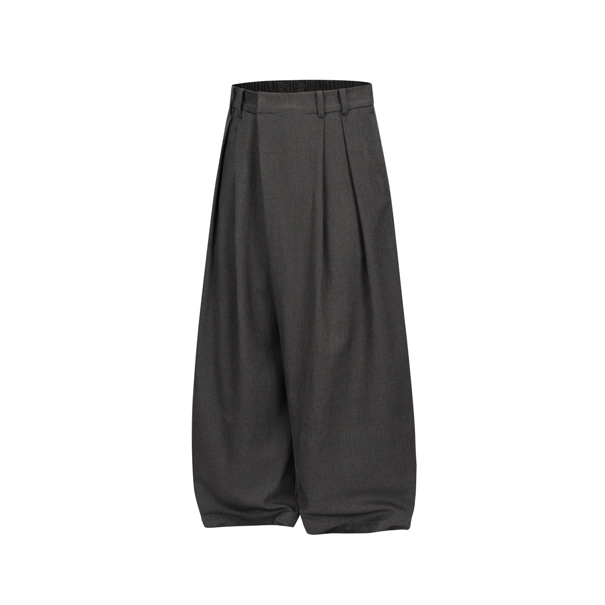 Dark gray pleated wide-leg trousers with a draped, rounded leg, slightly angled front view