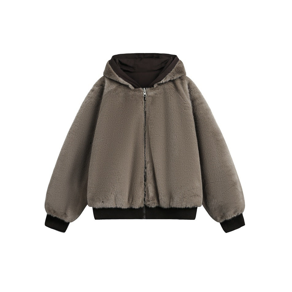 Front view of a gray-taupe fuzzy hooded zip-up jacket with black lining and ribbed trim.