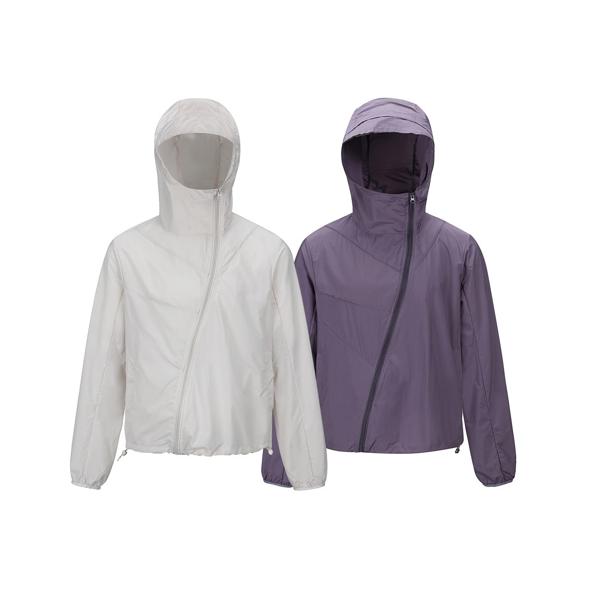 Two hooded jackets shown from the front: one light gray and one dark purple, each with an angled front zipper.
