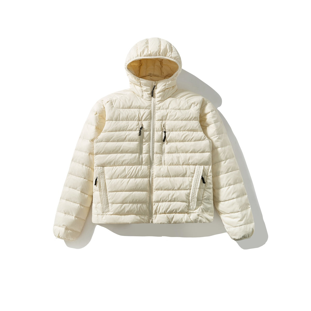 Off-white hooded quilted puffer jacket with front zipper and chest pockets, flat lay