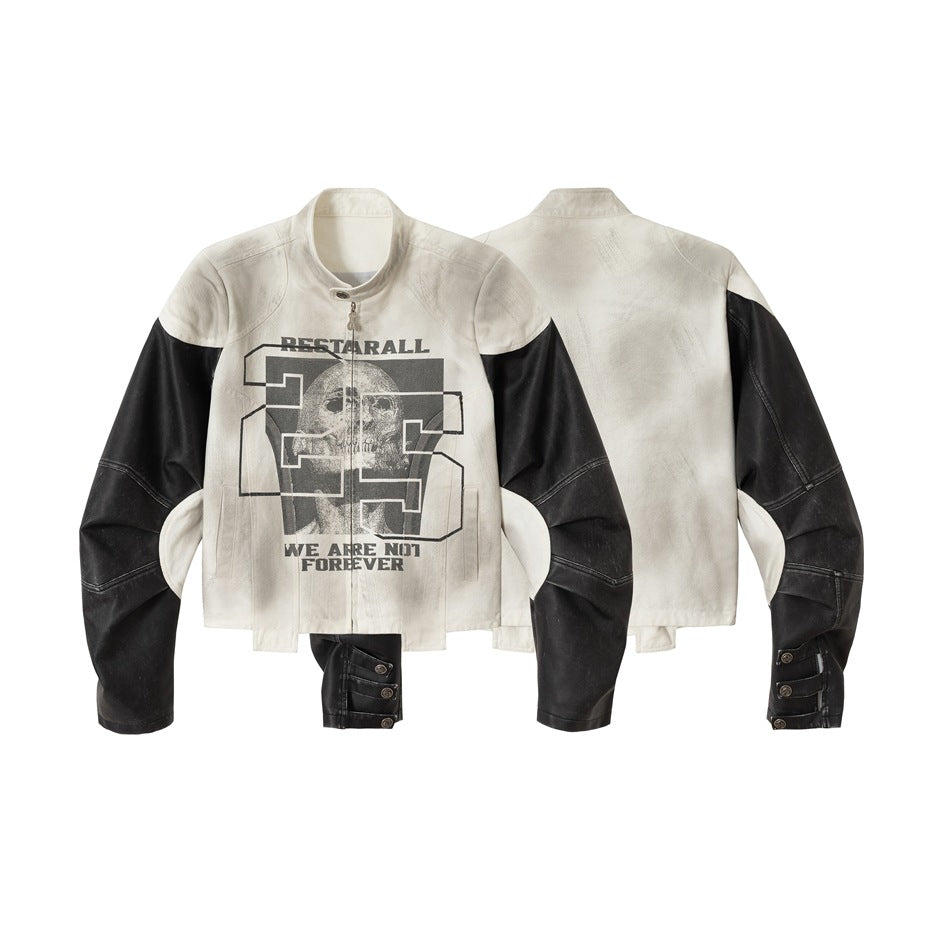 Cream cropped jacket with black sleeves and a skull graphic, shown from the front and back on a white background.