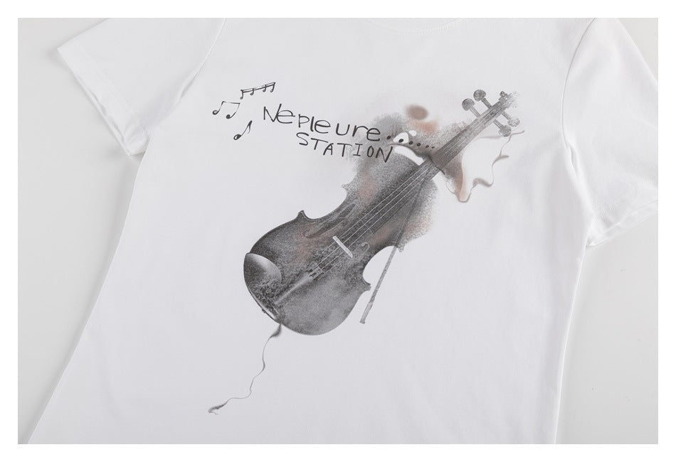 White short-sleeve T-shirt shown flat with a large violin and musical-note graphic across the front.