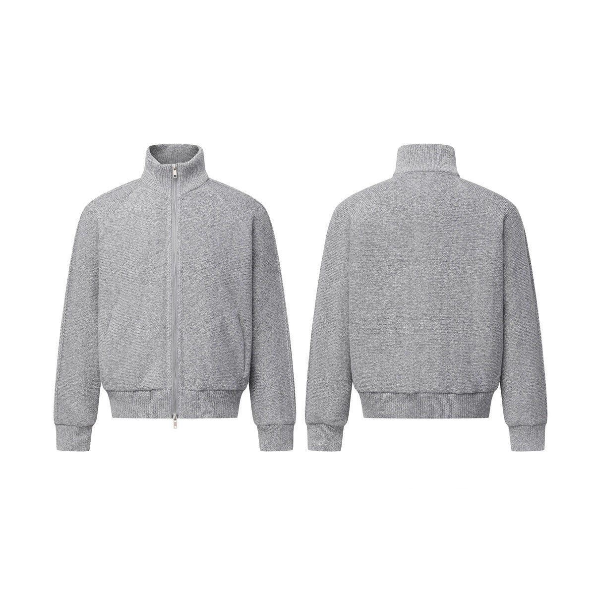 Gray knit zip-up jacket shown from the front and back, with a stand collar and ribbed cuffs and hem.