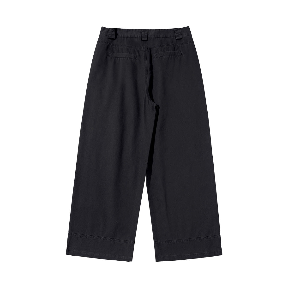 Full rear view of black wide-leg trousers with belt loops, two welt pockets, and broad hem panels on white.