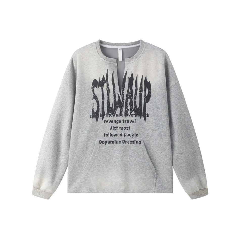 Heather gray V-neck sweatshirt with black distressed graphic print and front kangaroo pocket, flat front view
