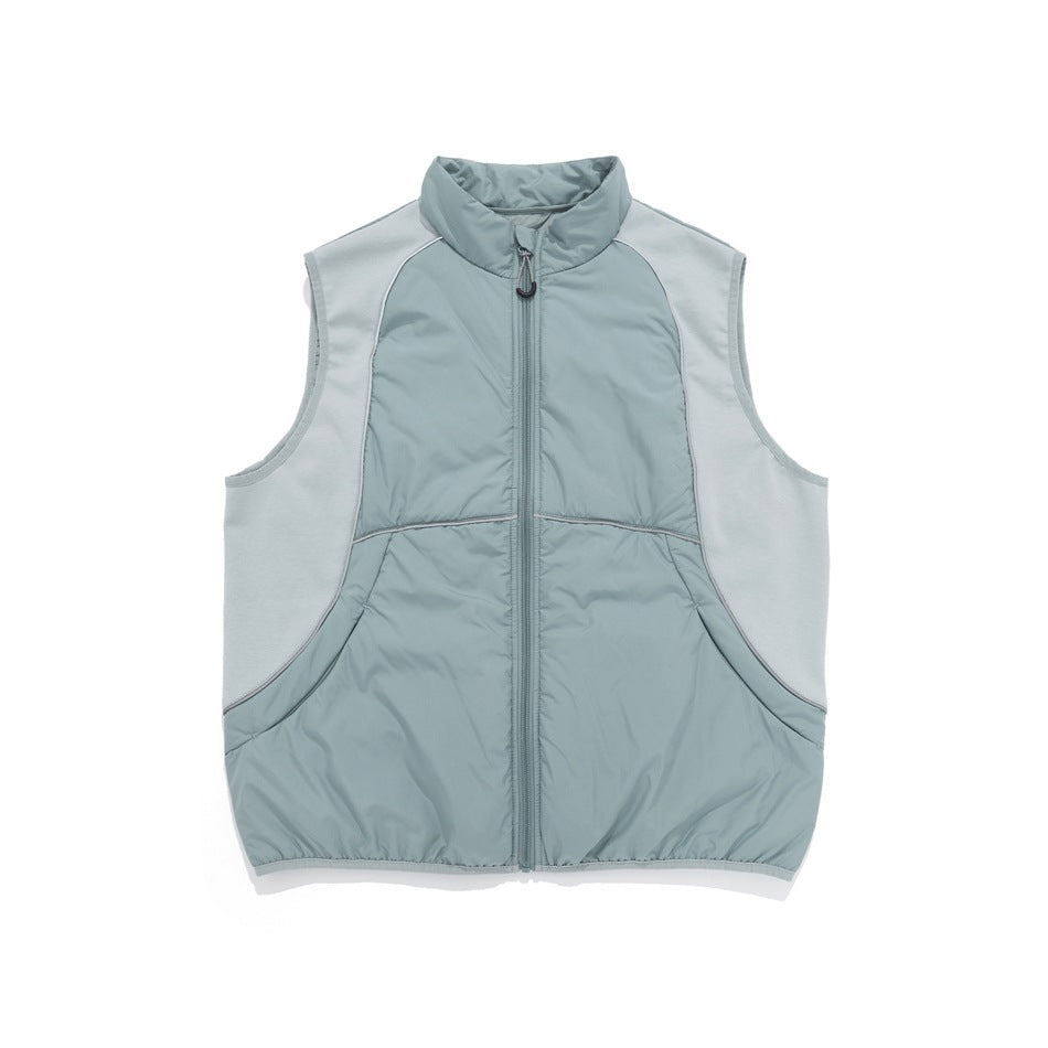 Green zip-front stand-collar vest with light gray-green side panels and piping, flat front view