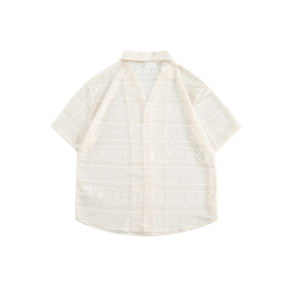 Back view of beige openwork lace-pattern short-sleeve shirt with collar, flat lay
