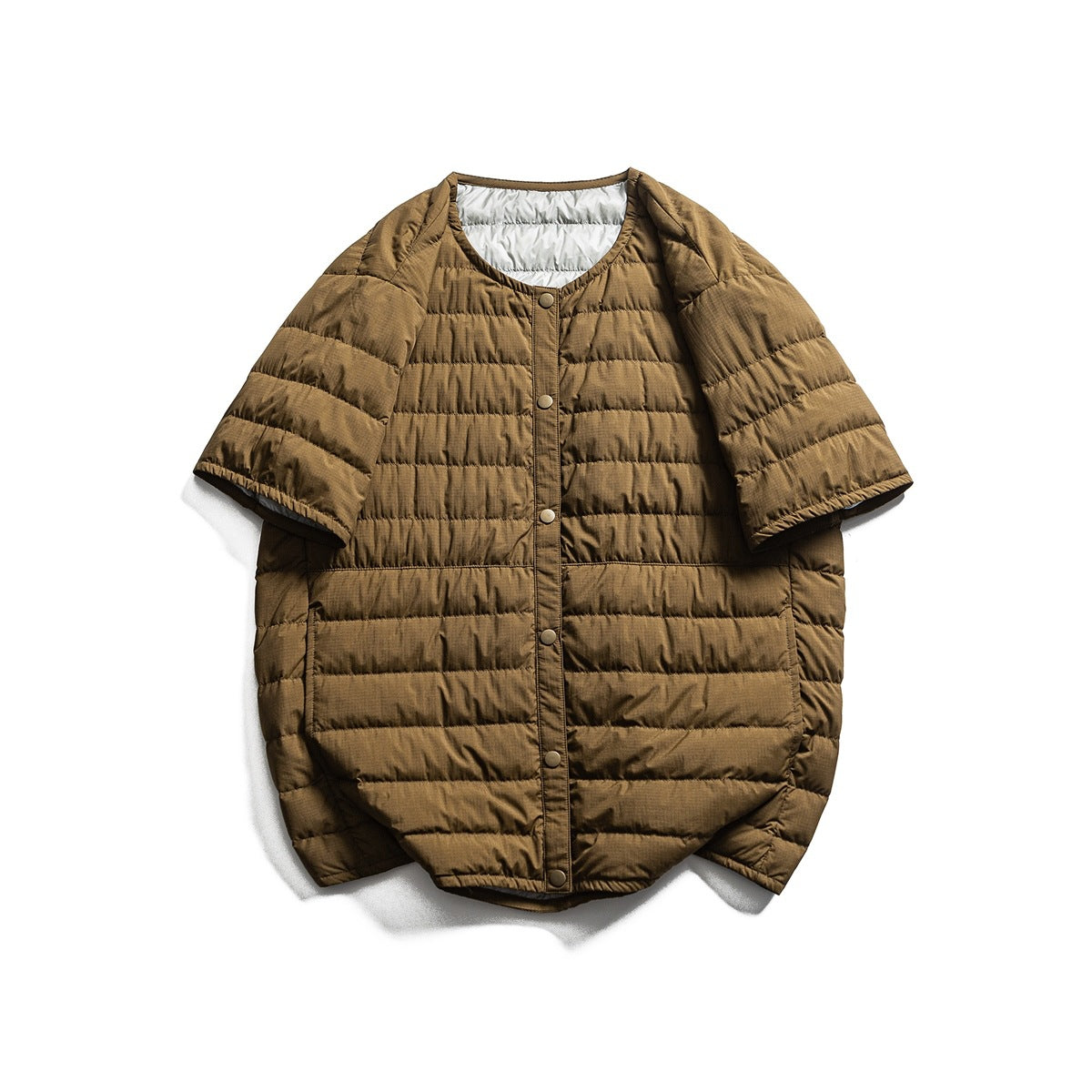 Brown quilted short-sleeve jacket with round neckline and snap buttons, flat lay front view