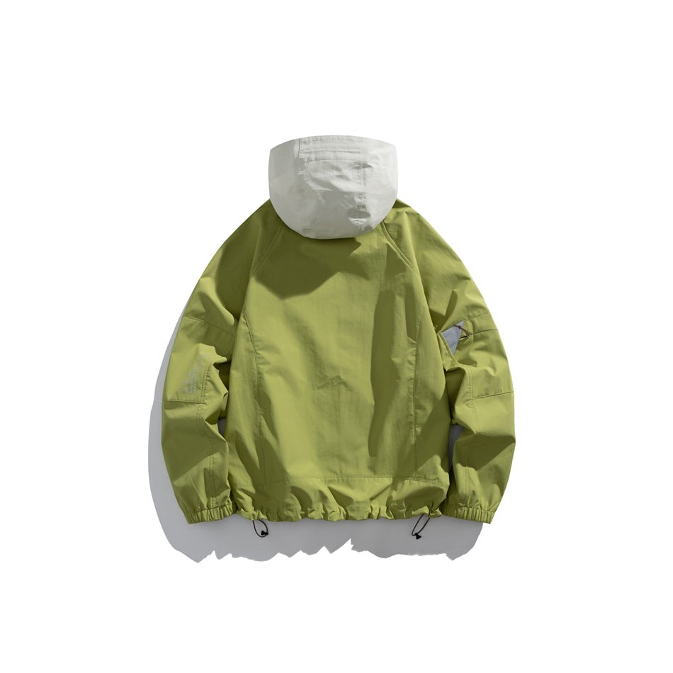 Back view of an olive-chartreuse jacket with a light gray hood, elastic cuffs and hem, and adjustable drawcords.