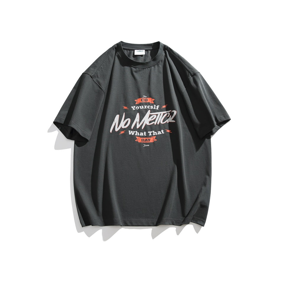 Dark gray short-sleeve crew-neck T-shirt flat lay with white and orange script graphic on chest