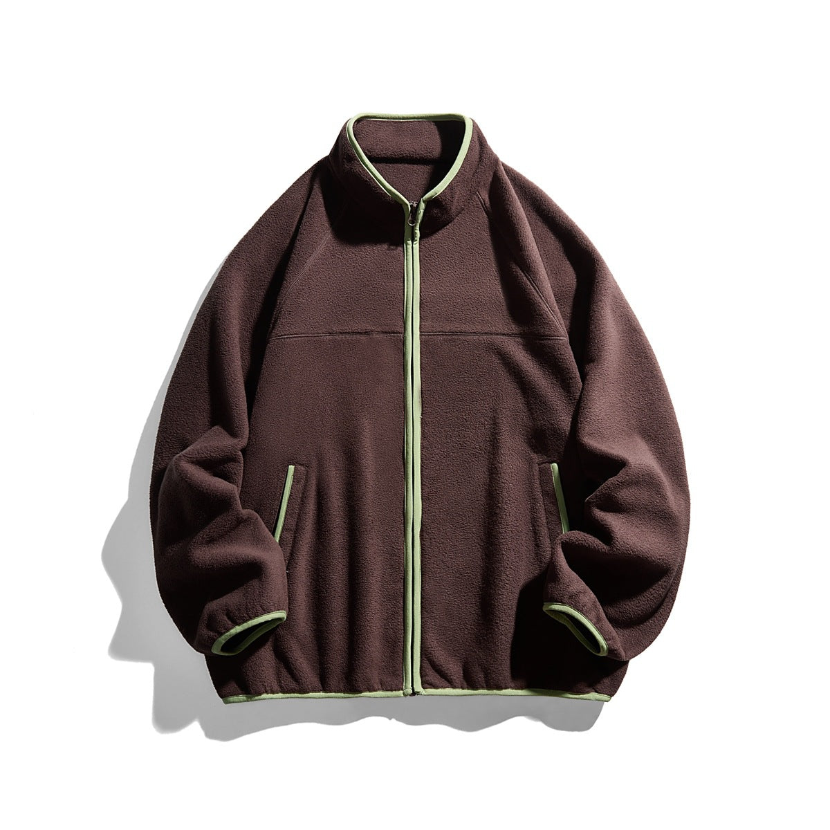 Coffee brown fleece-textured zip jacket with light green contrast trim, stand collar and slash pockets, front view