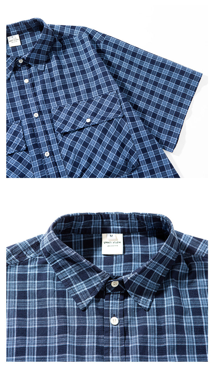 Collage showing the navy plaid shirt’s sleeve and pocket, plus a close-up of its collar and buttons.