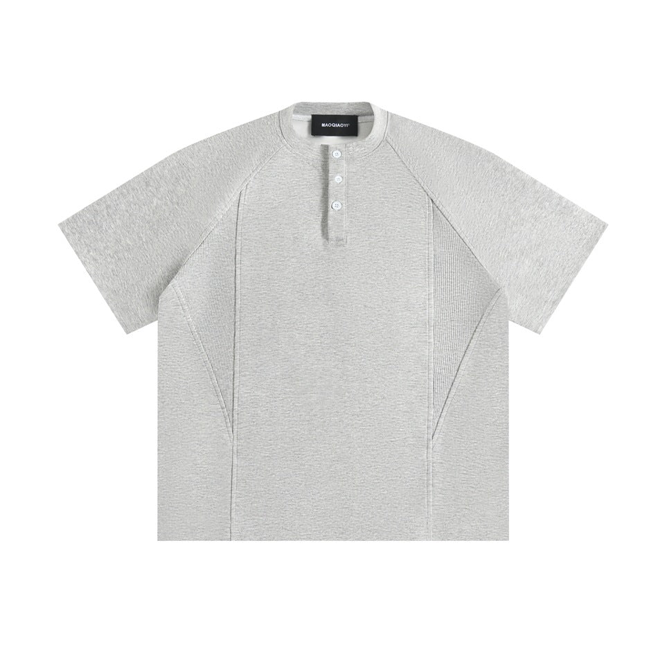 Heathered gray short-sleeve Henley T-shirt with raglan sleeves and ribbed side panels, front flat view