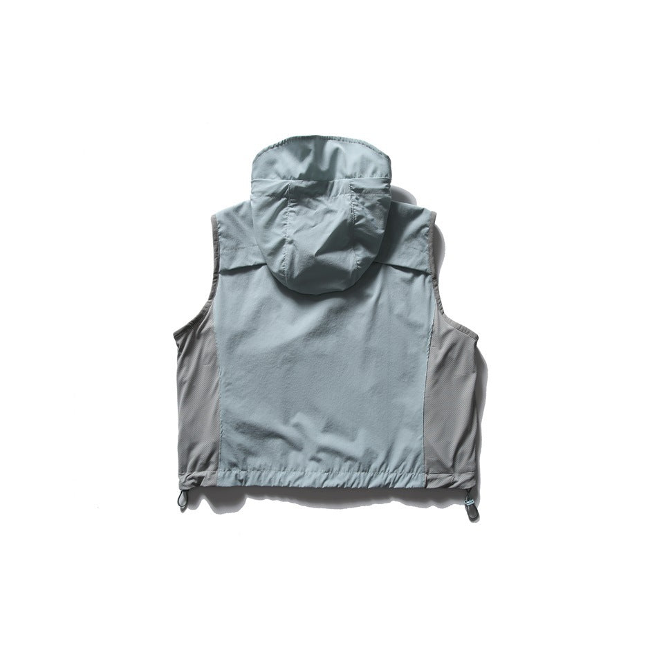 Back view of lake blue hooded vest with gray side panels and hem toggle drawcords, flat lay