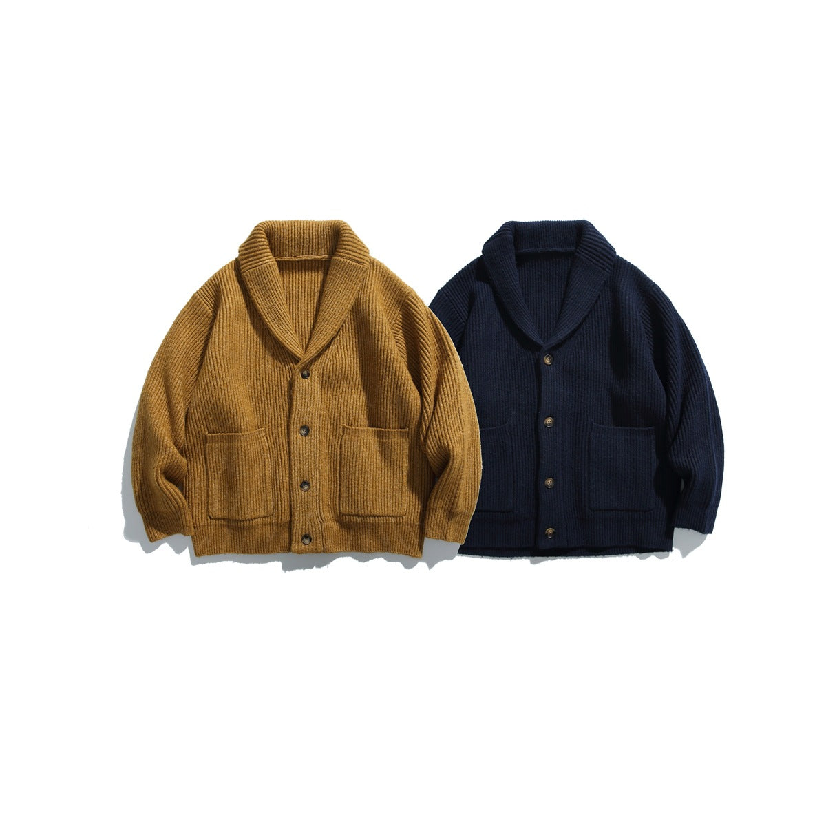 Two ribbed shawl-collar cardigans with buttons and patch pockets, shown in mustard brown and navy.
