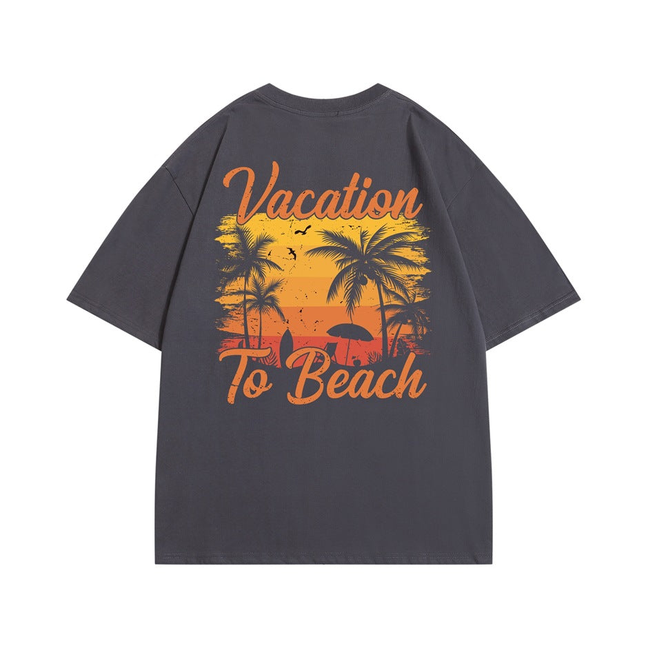 Gray short-sleeve t-shirt back with orange 'Vacation To Beach' palm tree sunset graphic