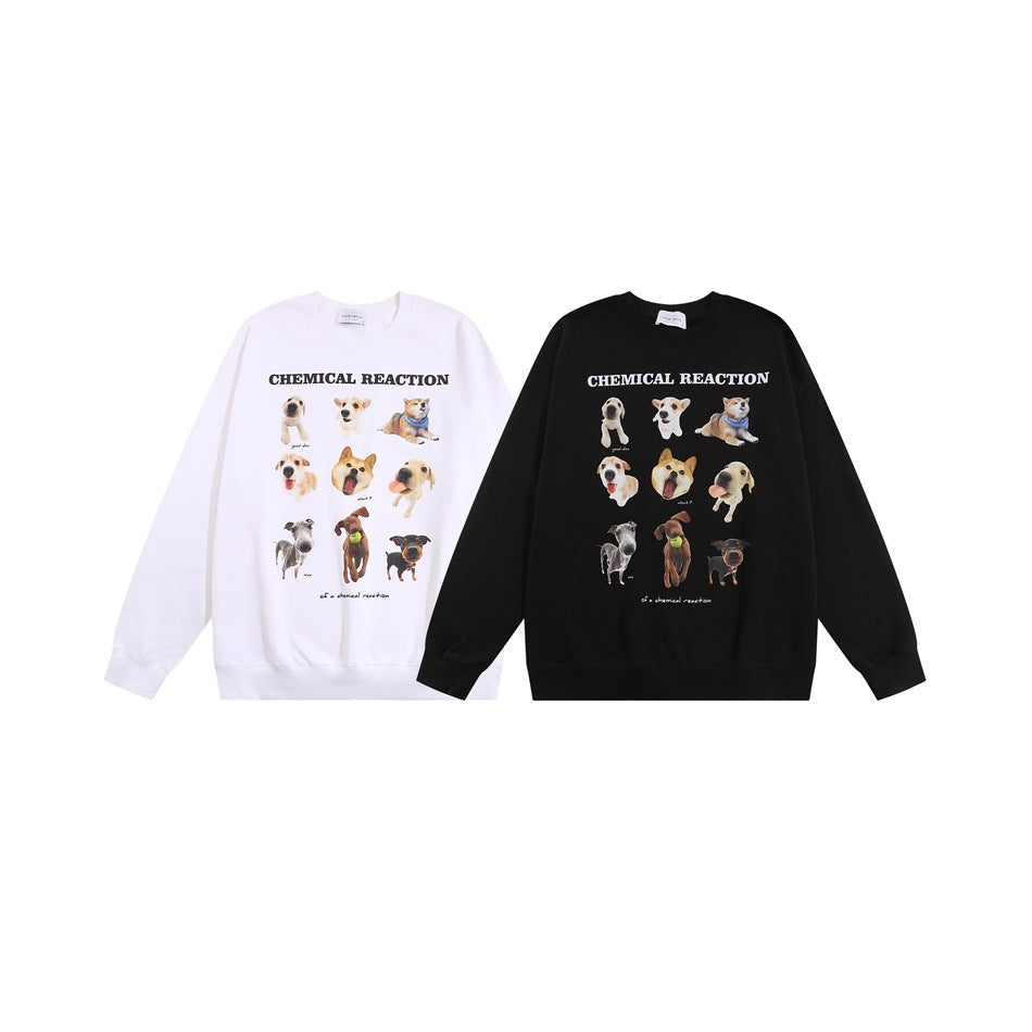 White and black crewneck sweatshirts shown from the front, each with lettering and a collage of dog photos.
