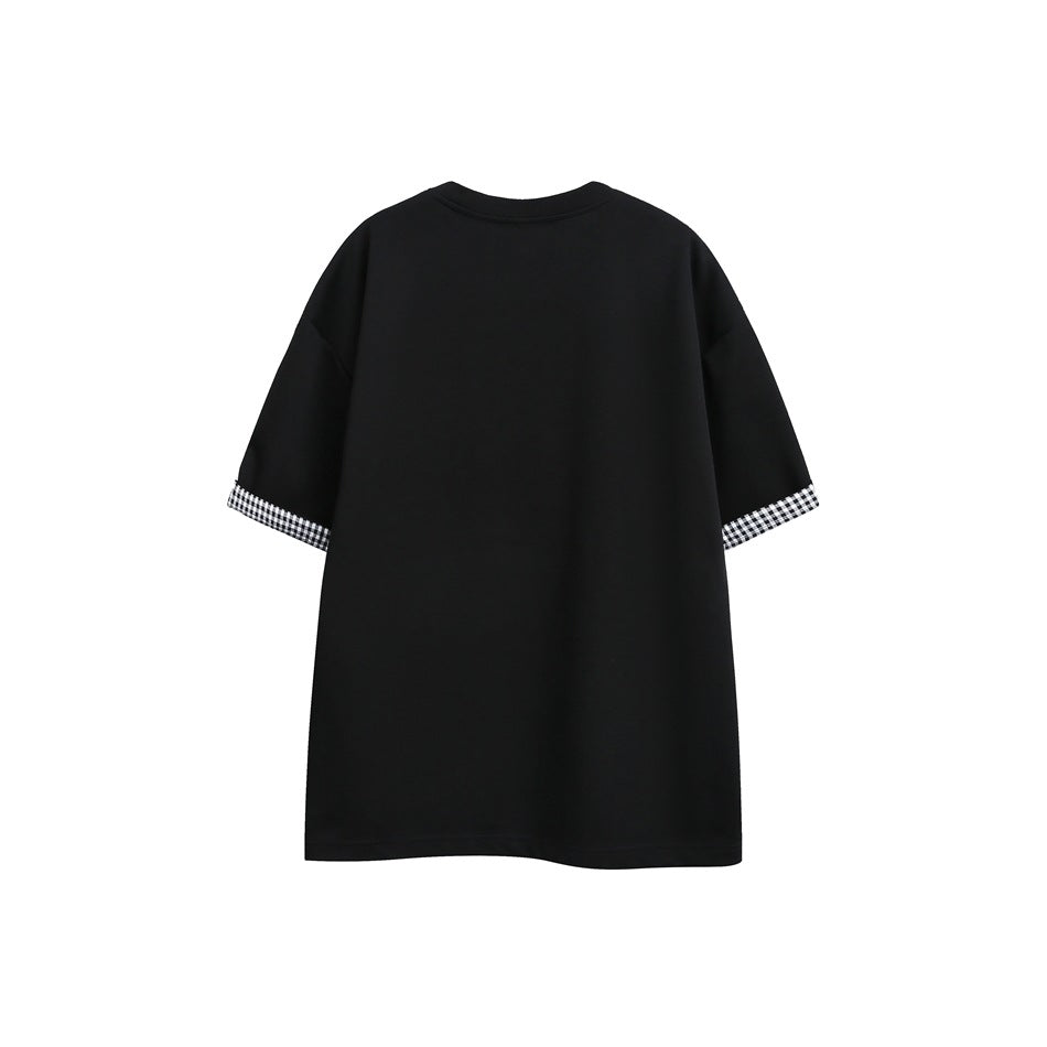 Back view of a plain black short-sleeve T-shirt with checked sleeve cuffs.
