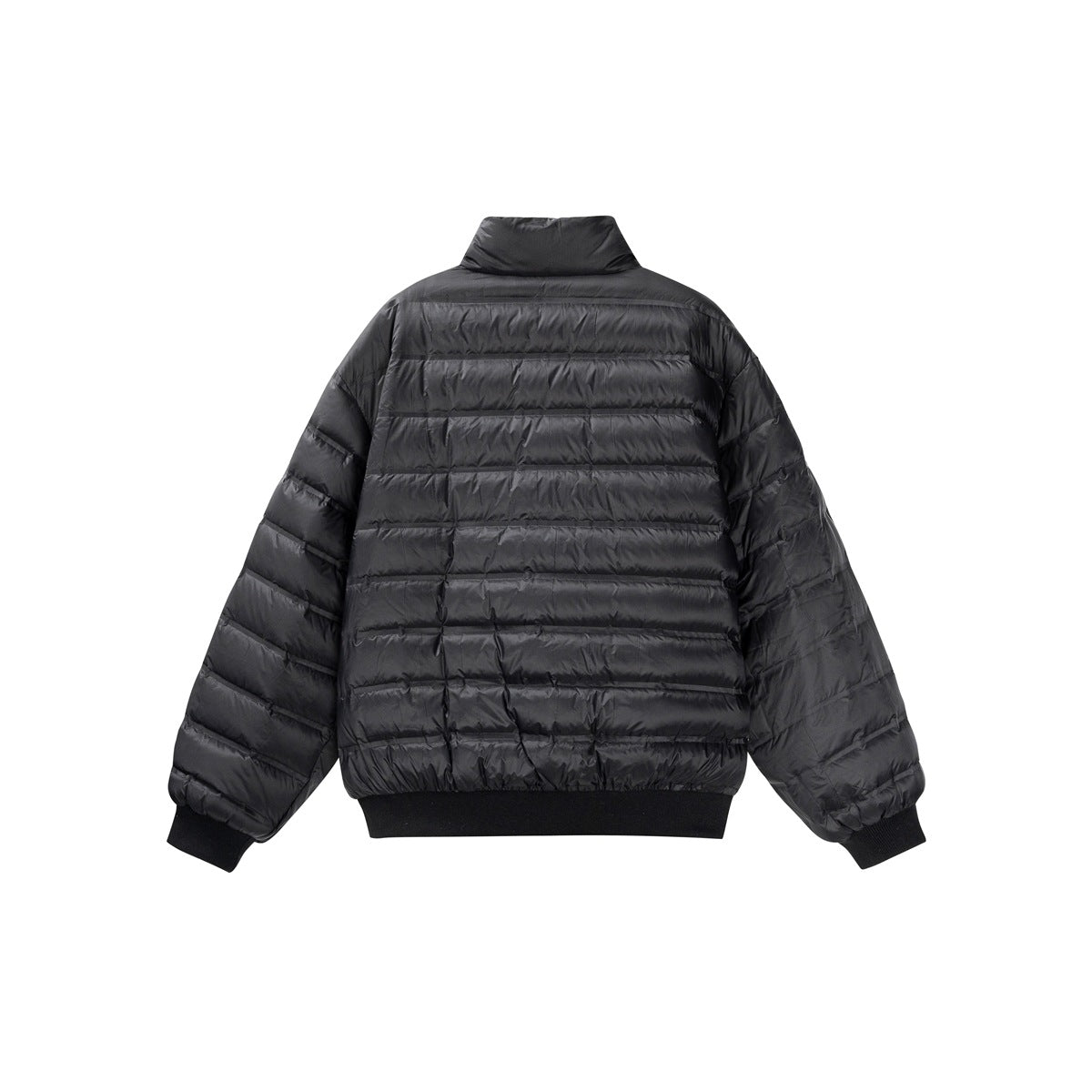 Back view of a black horizontally quilted jacket with a stand collar and ribbed cuffs and hem.