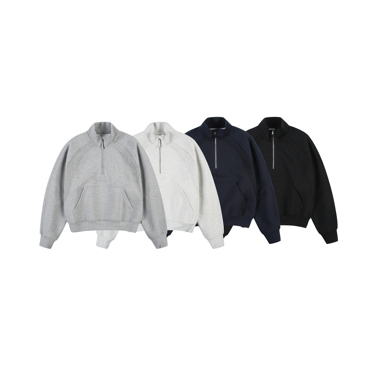 Four quarter-zip pullover tops shown from the front in gray, off-white, navy, and black.
