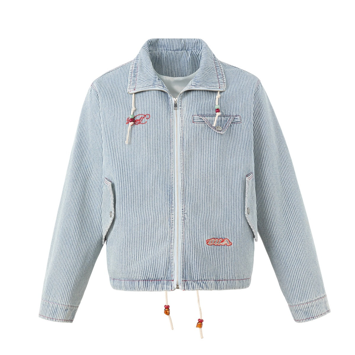 Light-blue striped denim-look zip jacket with collar drawcords, flap pockets, red embroidery and beaded hem cords, flat front